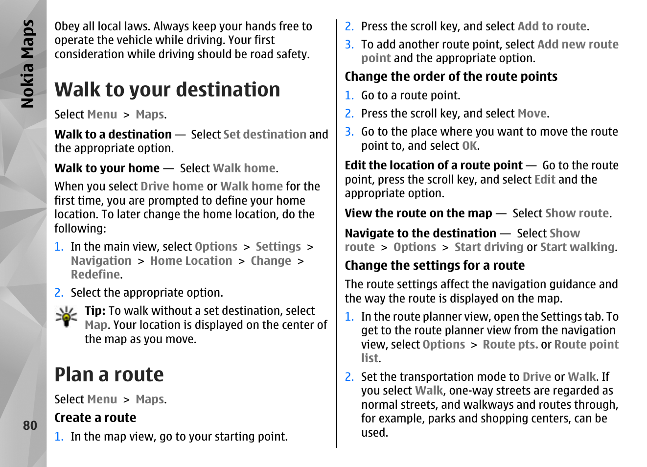 Walk to your destination, Plan a route, Nokia maps | Nokia N86 8MP User Manual | Page 80 / 168