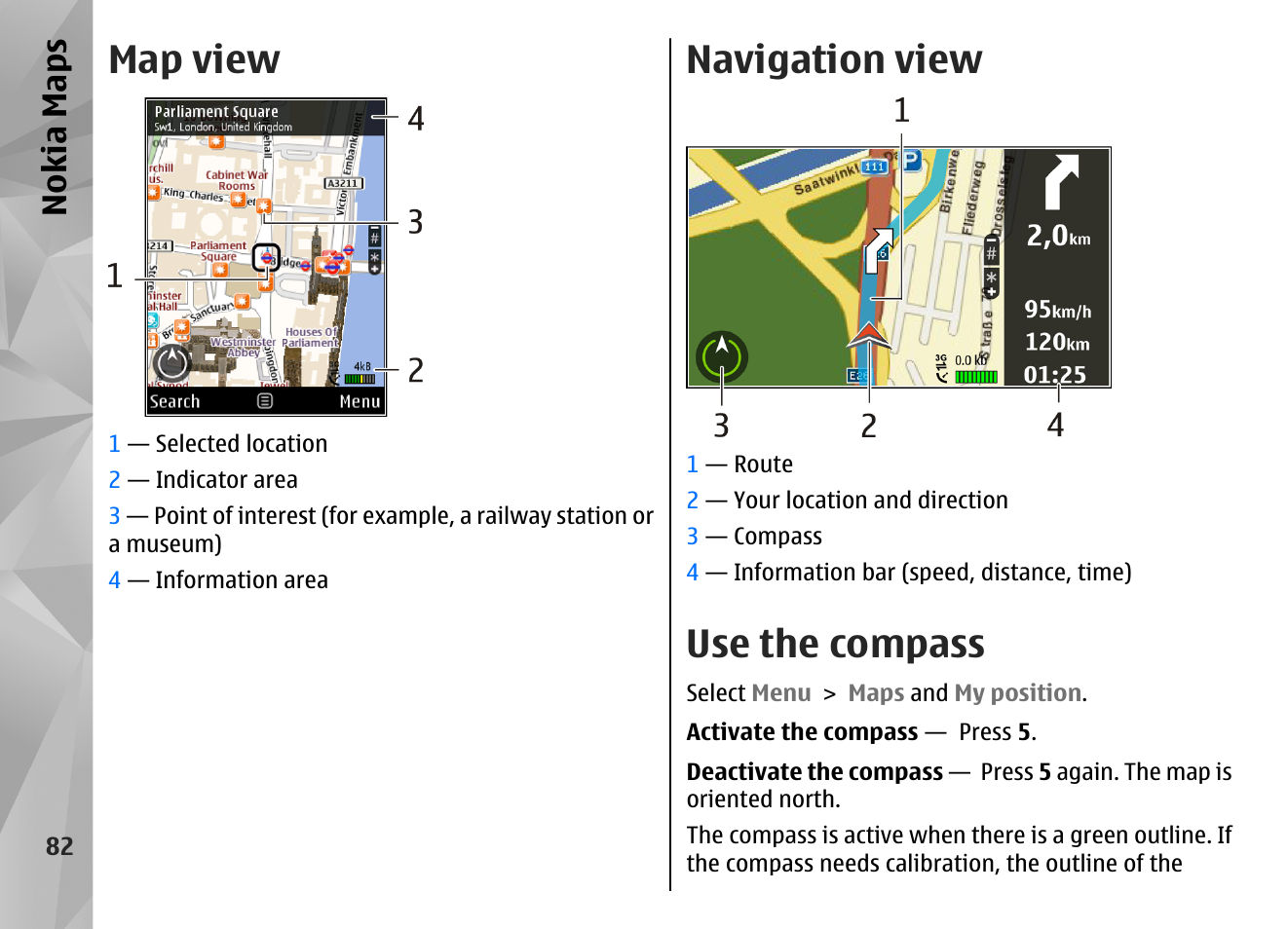 Map view, Navigation view, Use the compass | Nokia maps | Nokia N86 8MP User Manual | Page 82 / 168