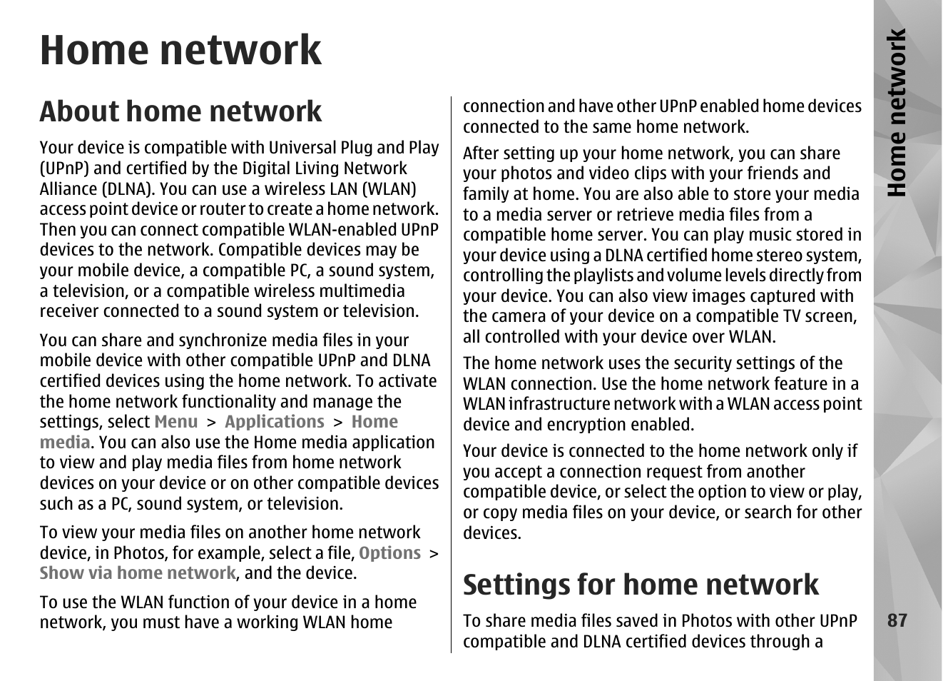 Home network, About home network, Settings for home network | See "about home, Network," p. 87 | Nokia N86 8MP User Manual | Page 87 / 168