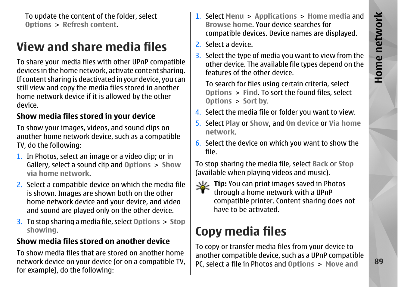 View and share media files, Copy media files, Home network | Nokia N86 8MP User Manual | Page 89 / 168