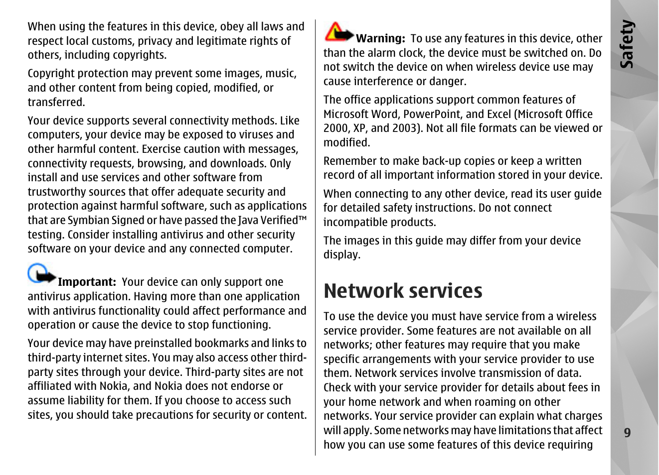 Network services, Safet y | Nokia N86 8MP User Manual | Page 9 / 168
