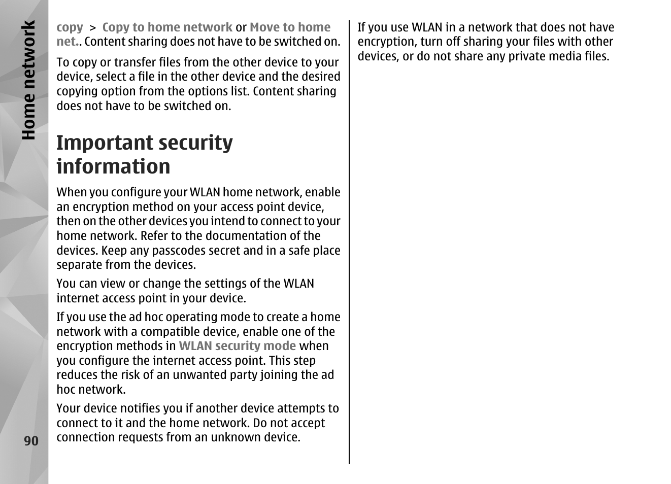 Important security information, Home network | Nokia N86 8MP User Manual | Page 90 / 168