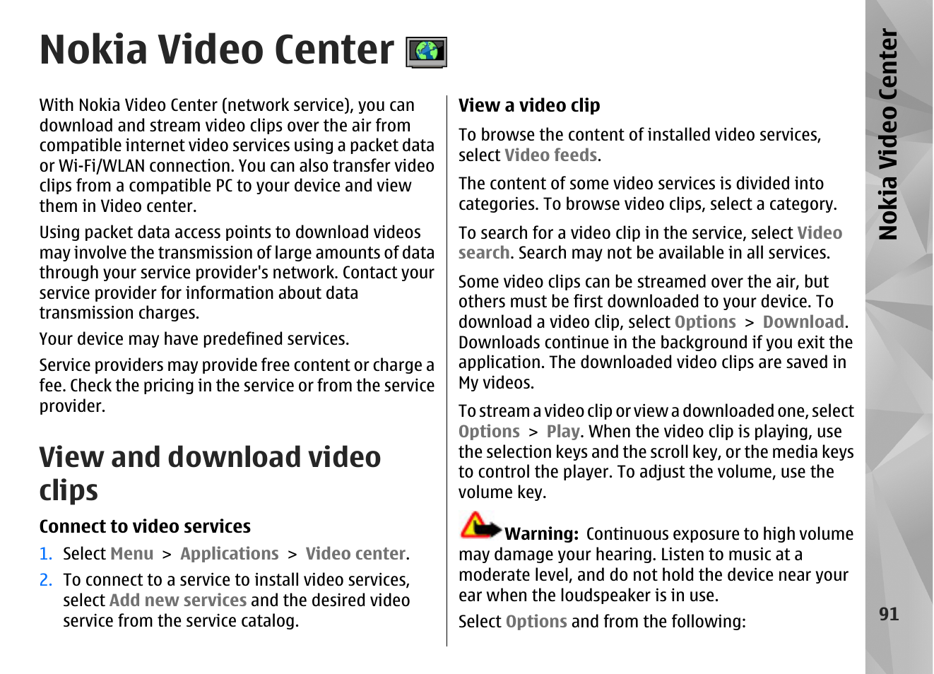 Nokia video center, View and download video clips | Nokia N86 8MP User Manual | Page 91 / 168