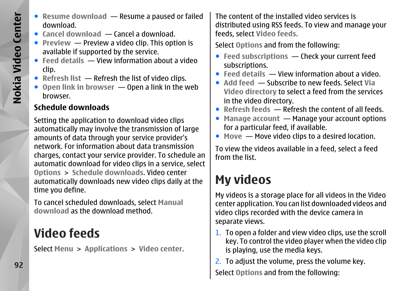 Video feeds, My videos, Nokia video center | Nokia N86 8MP User Manual | Page 92 / 168