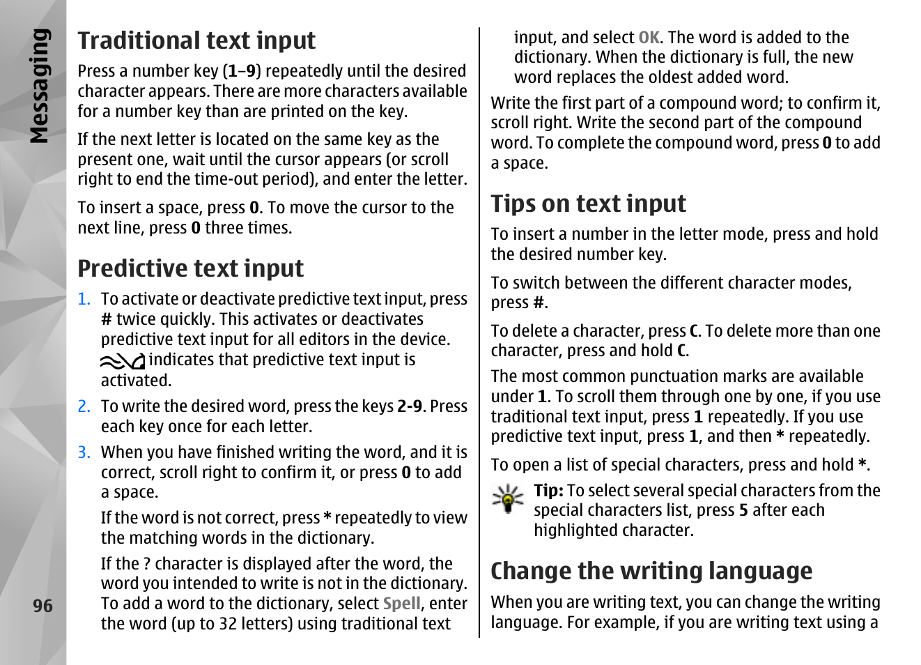 Traditional text input, Predictive text input, Tips on text input | Change the writing language, Messaging | Nokia N86 8MP User Manual | Page 96 / 168