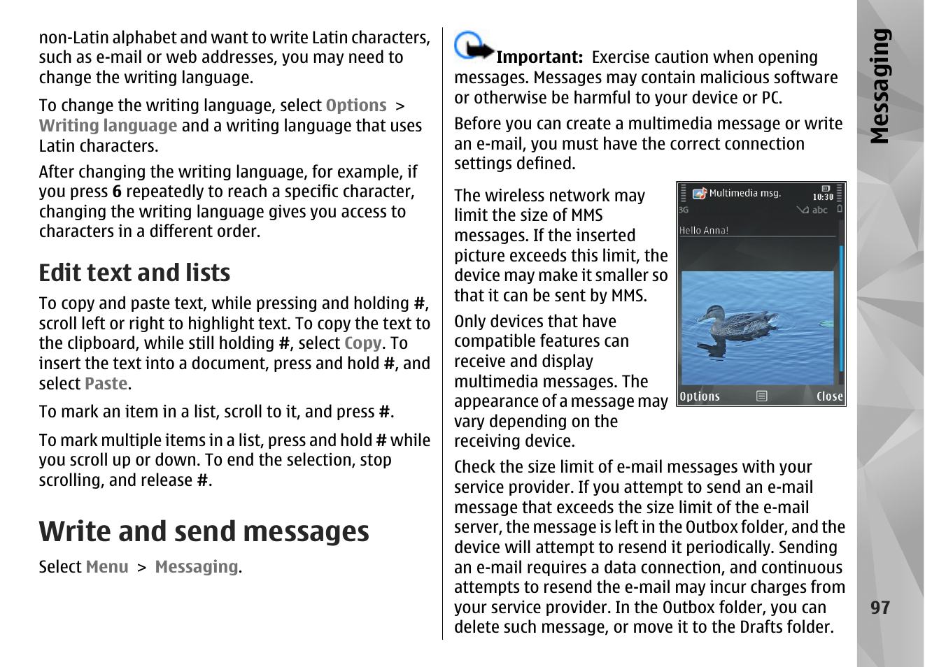 Edit text and lists, Write and send messages, Messaging | Nokia N86 8MP User Manual | Page 97 / 168