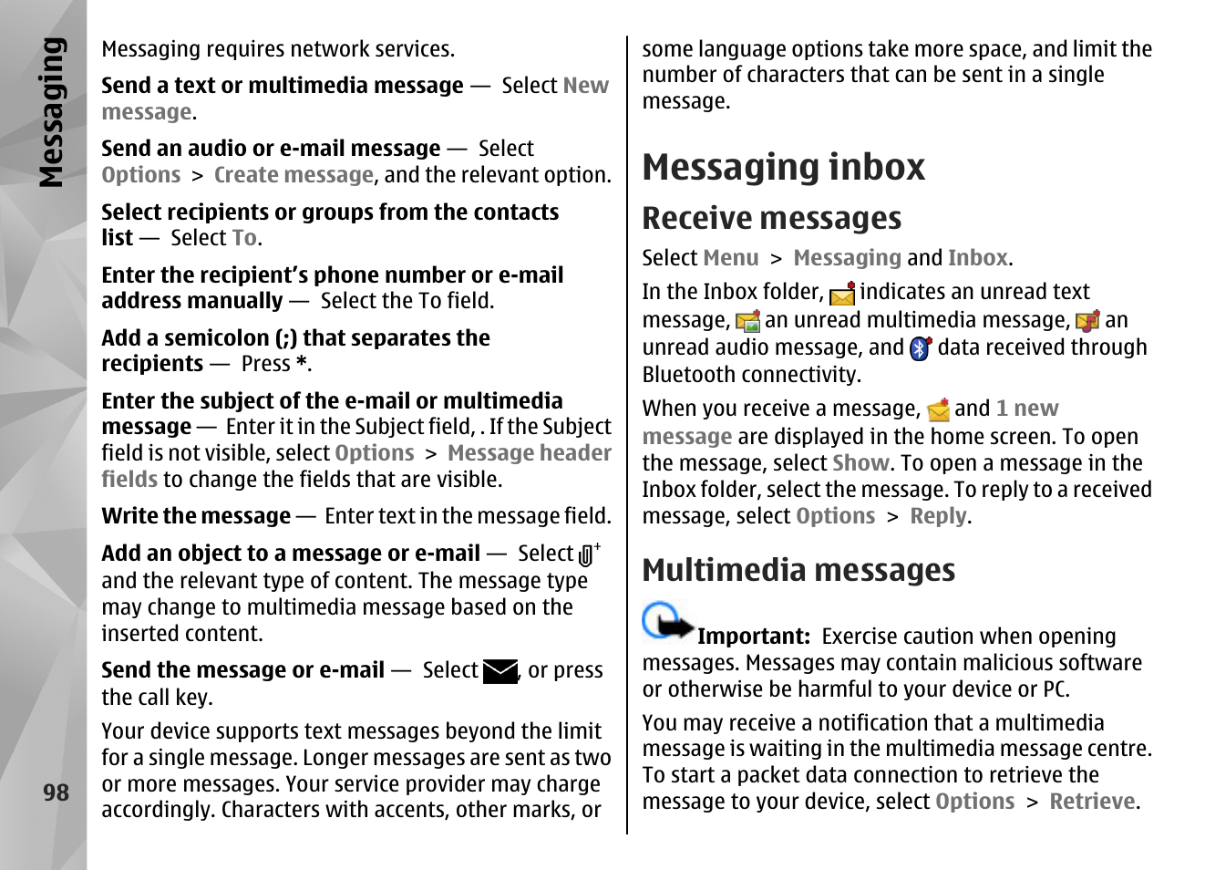 Messaging inbox, Receive messages, Multimedia messages | Messaging | Nokia N86 8MP User Manual | Page 98 / 168