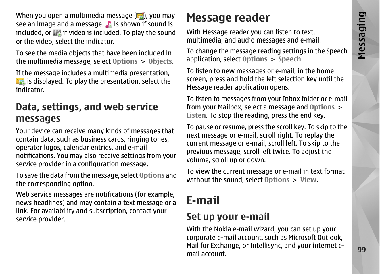 Data, settings, and web service messages, Message reader, E-mail | Set up your e-mail, Messaging | Nokia N86 8MP User Manual | Page 99 / 168