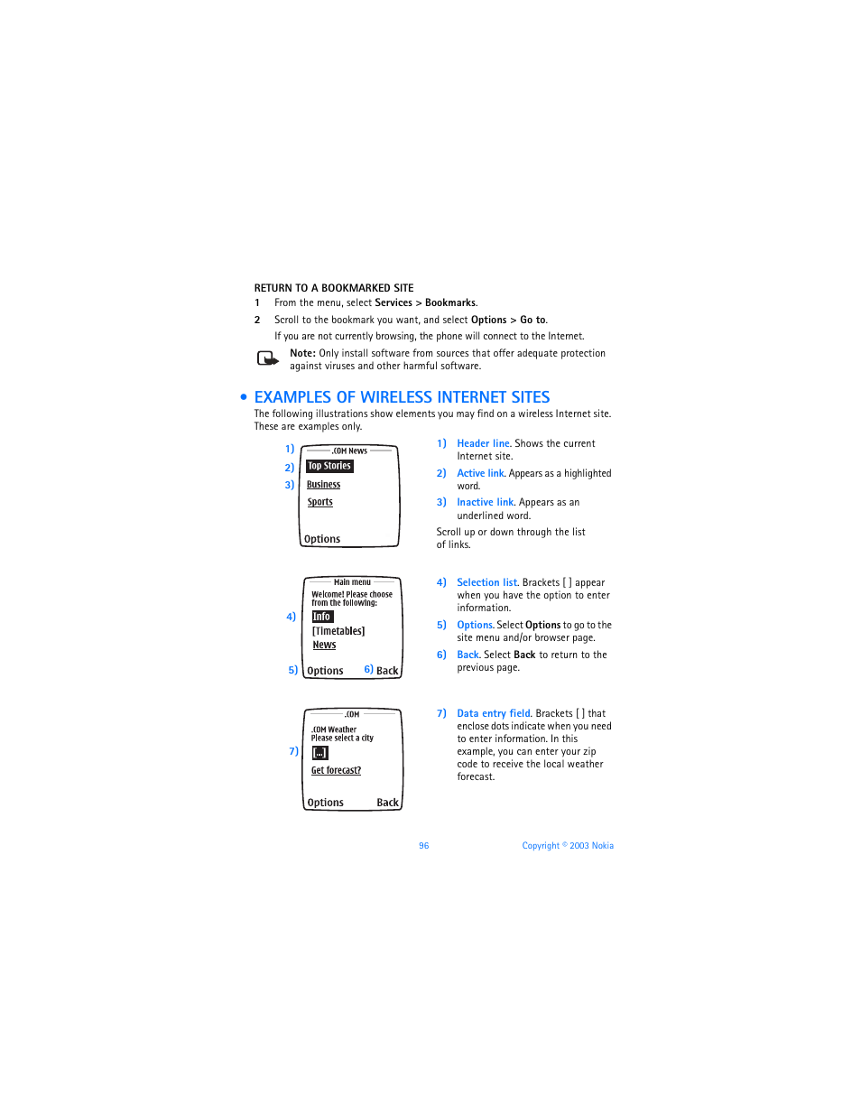 Examples of wireless internet sites | Nokia 6560 User Manual | Page 104 / 136