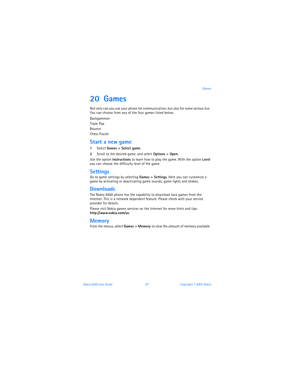 20 games, Start a new game, Settings | Downloads | Nokia 6560 User Manual | Page 105 / 136