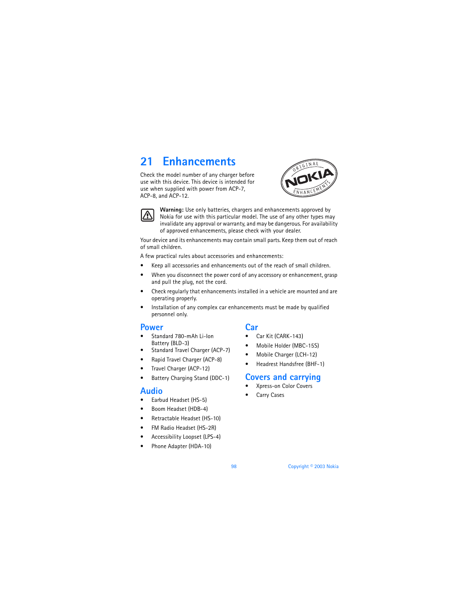 21 enhancements, Power, Audio | Covers and carrying | Nokia 6560 User Manual | Page 106 / 136