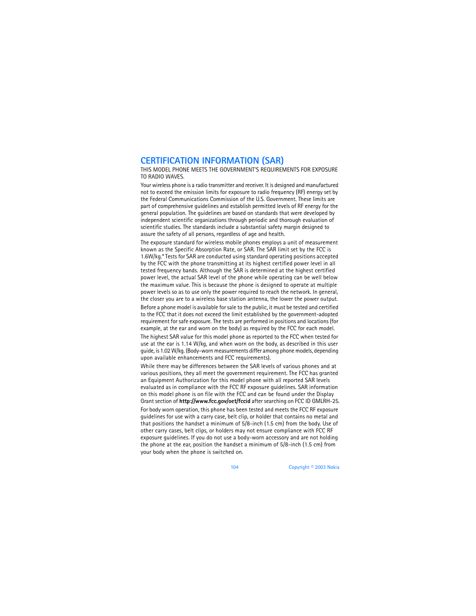 Certification information (sar) | Nokia 6560 User Manual | Page 112 / 136