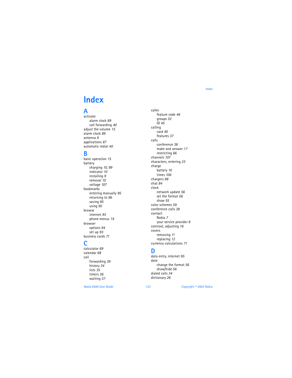 Index | Nokia 6560 User Manual | Page 131 / 136