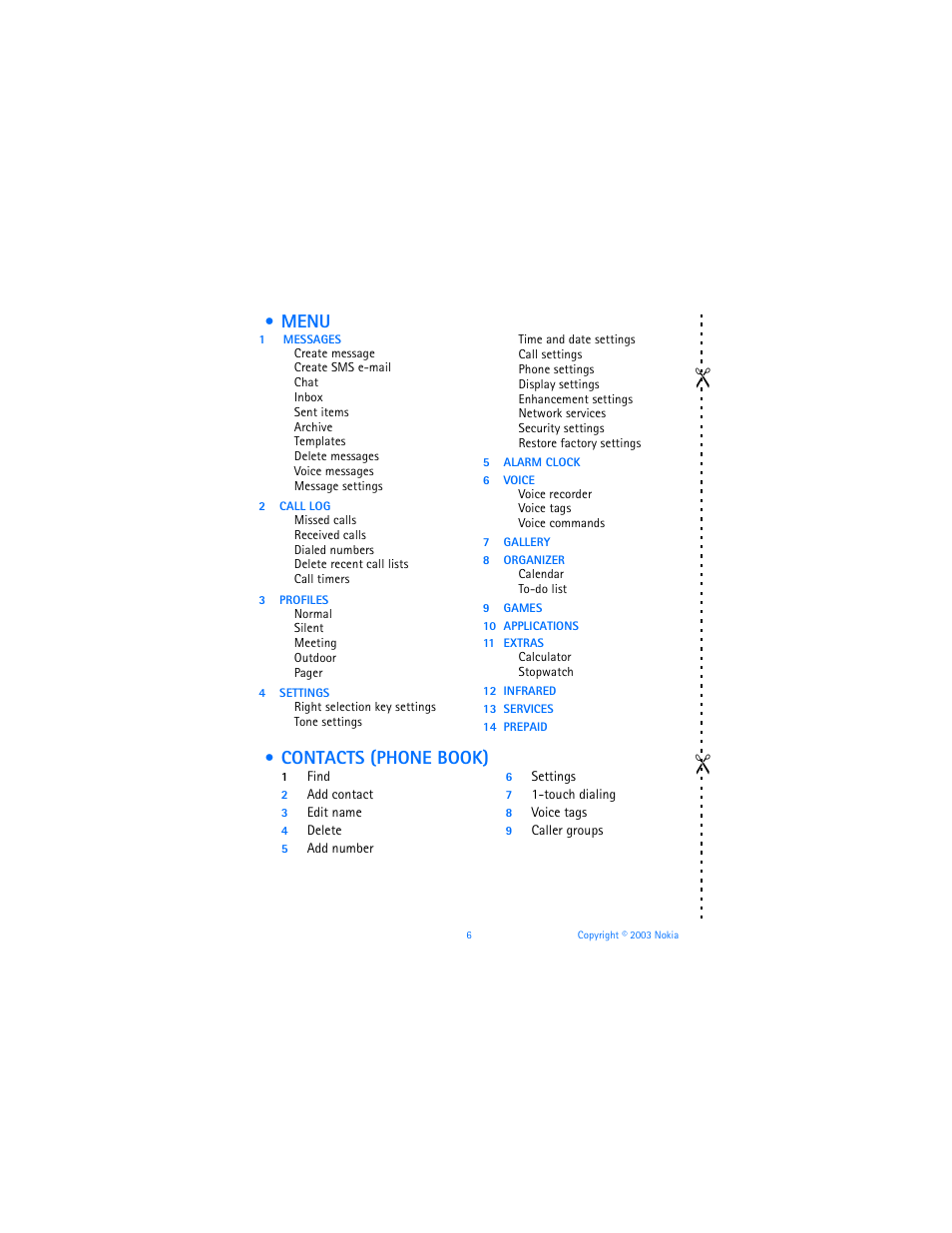 Menu, Contacts (phone book), Menu contacts (phone book) | Nokia 6560 User Manual | Page 14 / 136