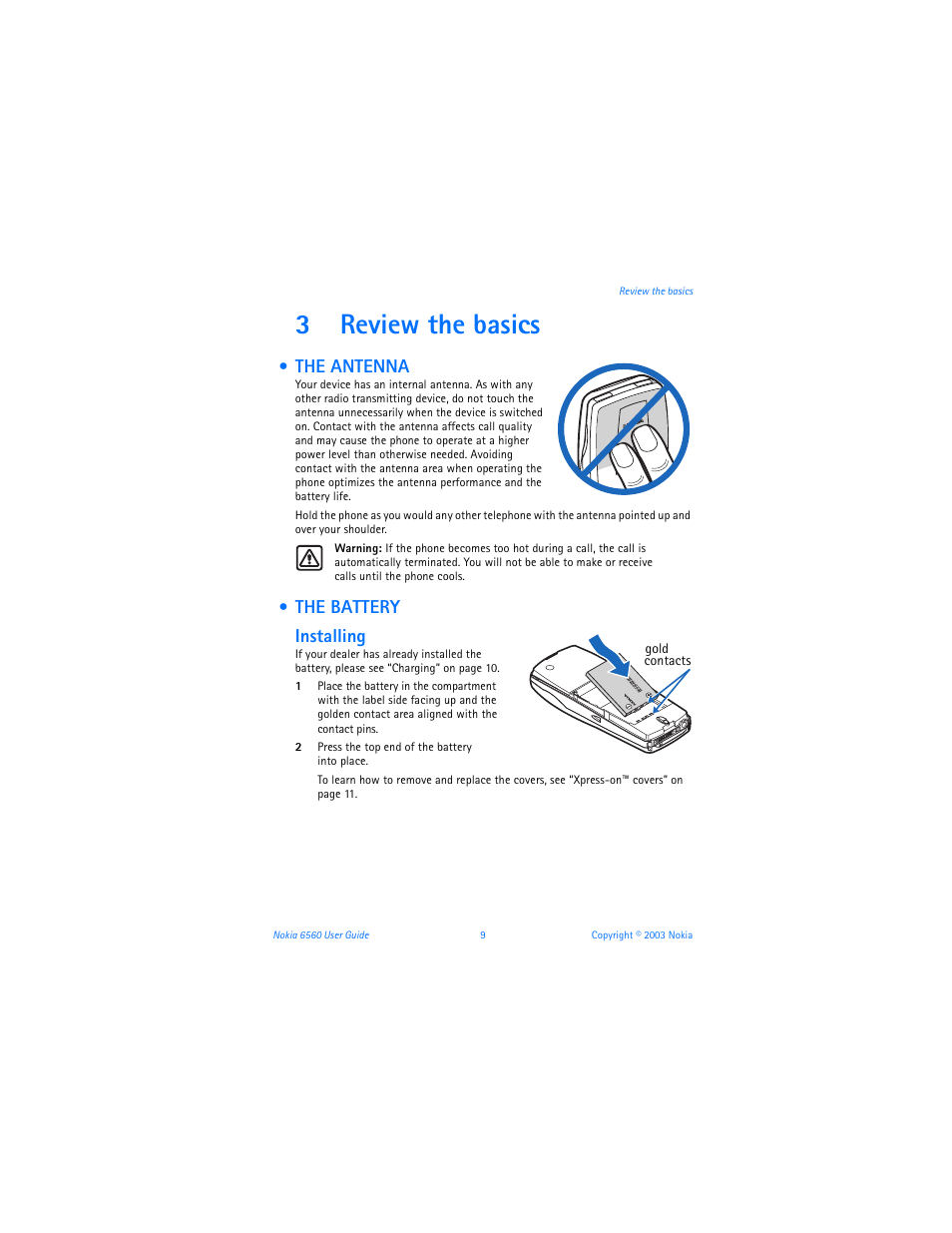 3 review the basics, The antenna, The battery | Review the basics, The antenna the battery, 3review the basics, Installing | Nokia 6560 User Manual | Page 17 / 136