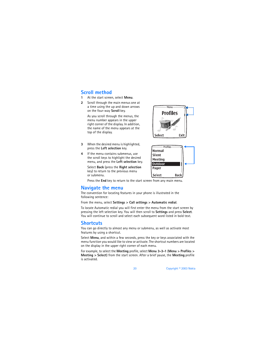 Scroll method, Navigate the menu, Shortcuts | Nokia 6560 User Manual | Page 28 / 136