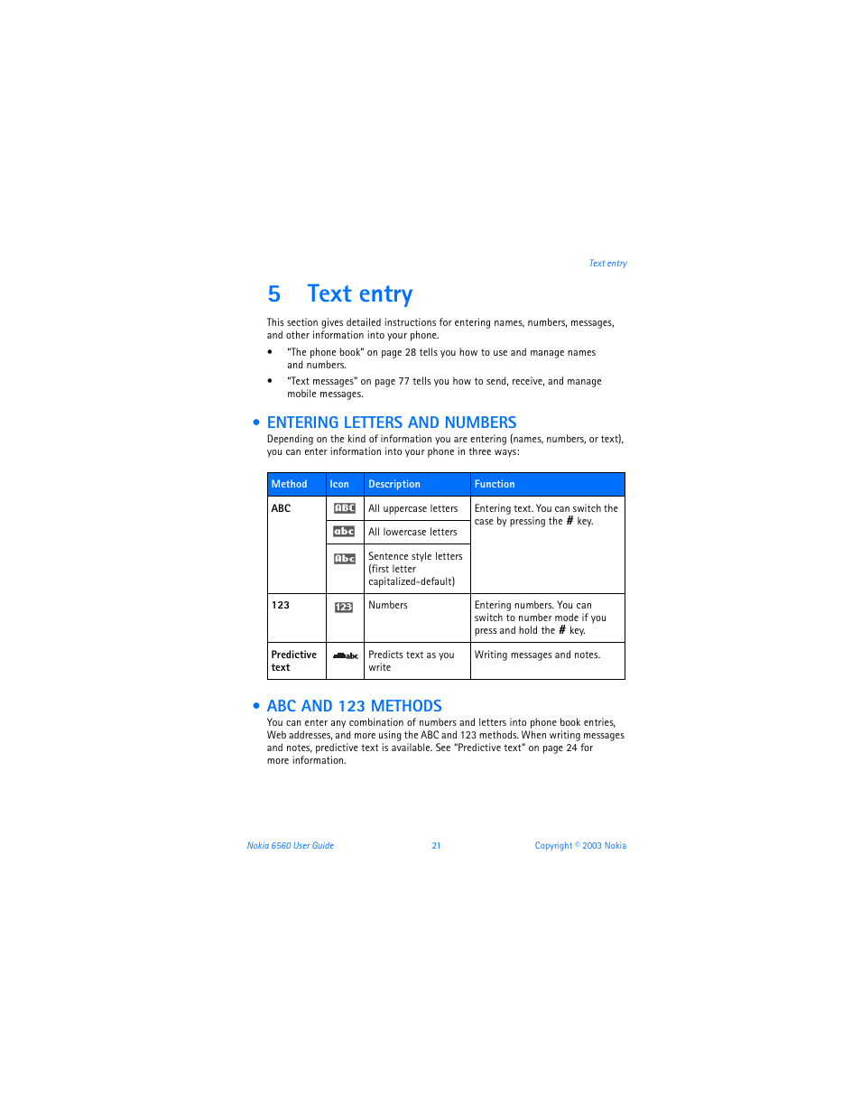 5 text entry, Entering letters and numbers, Abc and 123 methods | Text entry, Entering letters and numbers abc and 123 methods, 5text entry | Nokia 6560 User Manual | Page 29 / 136