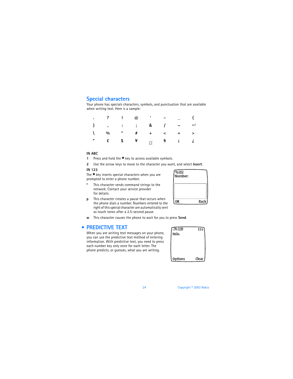 Predictive text, Special characters | Nokia 6560 User Manual | Page 32 / 136