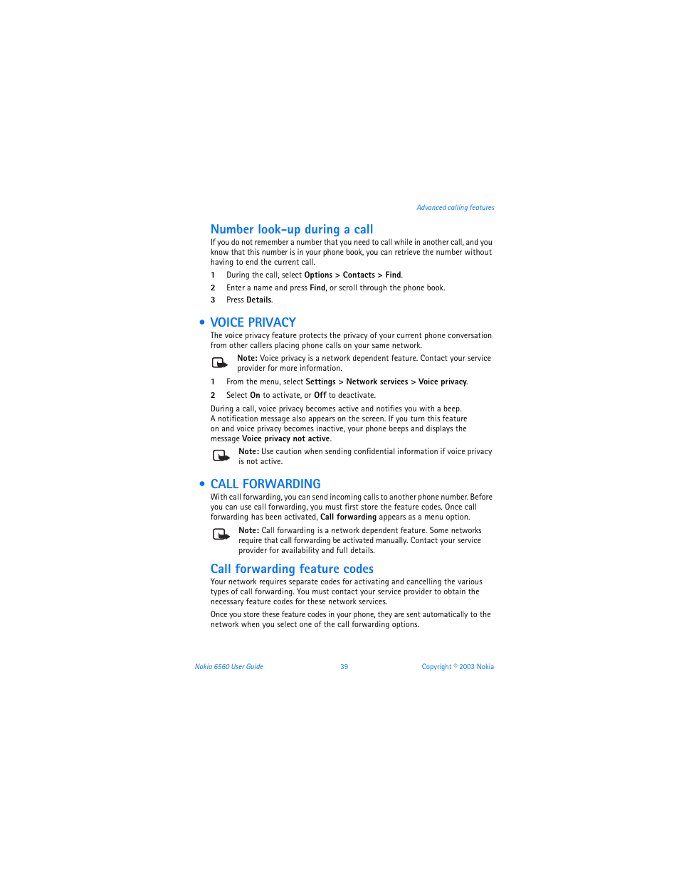 Voice privacy, Call forwarding, Voice privacy call forwarding | Number look-up during a call, Call forwarding feature codes | Nokia 6560 User Manual | Page 47 / 136