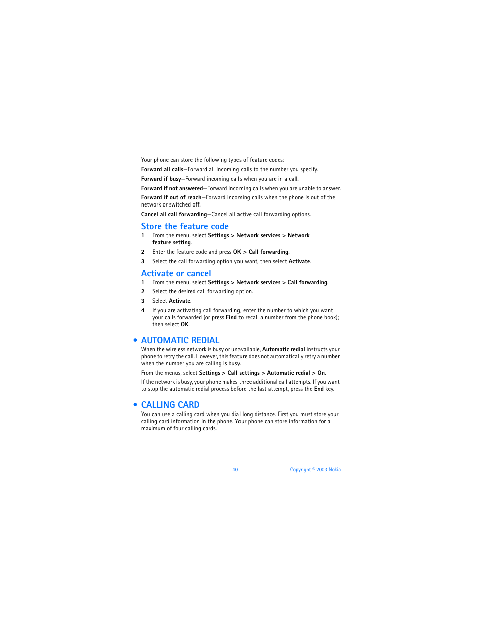 Automatic redial, Calling card, Automatic redial calling card | Store the feature code, Activate or cancel | Nokia 6560 User Manual | Page 48 / 136