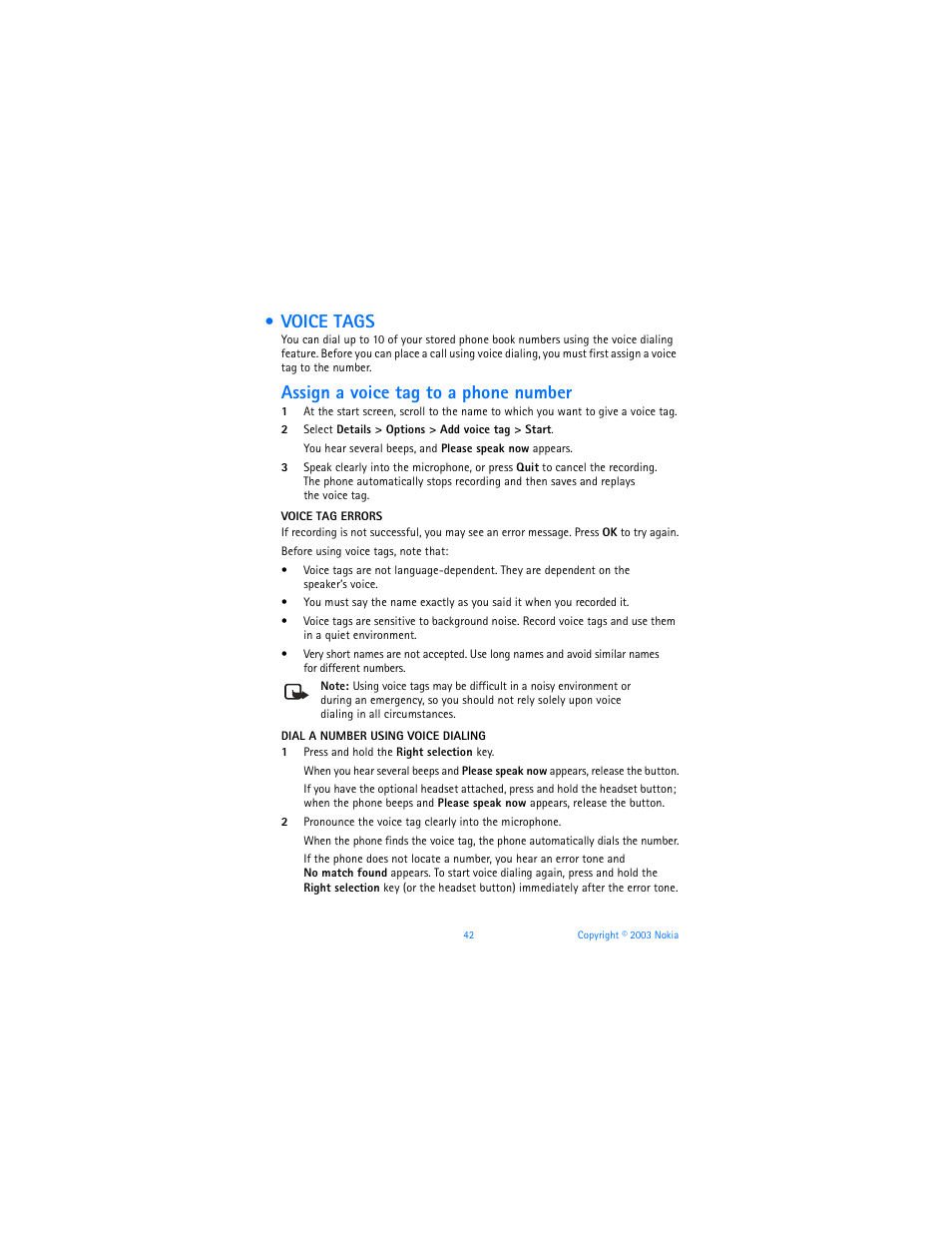 Voice tags, Assign a voice tag to a phone number | Nokia 6560 User Manual | Page 50 / 136