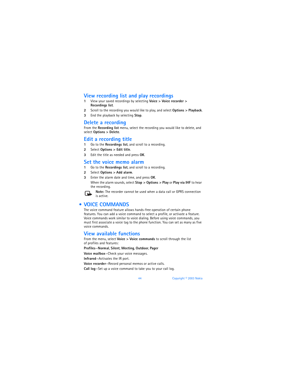 Voice commands, View recording list and play recordings, Delete a recording | Edit a recording title, View available functions | Nokia 6560 User Manual | Page 52 / 136