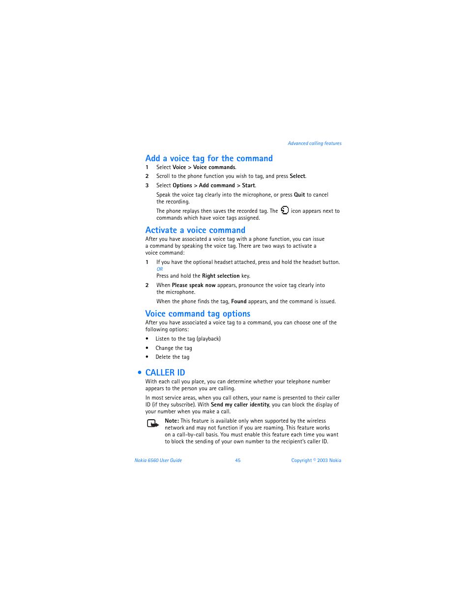 Caller id, Add a voice tag for the command, Activate a voice command | Voice command tag options | Nokia 6560 User Manual | Page 53 / 136