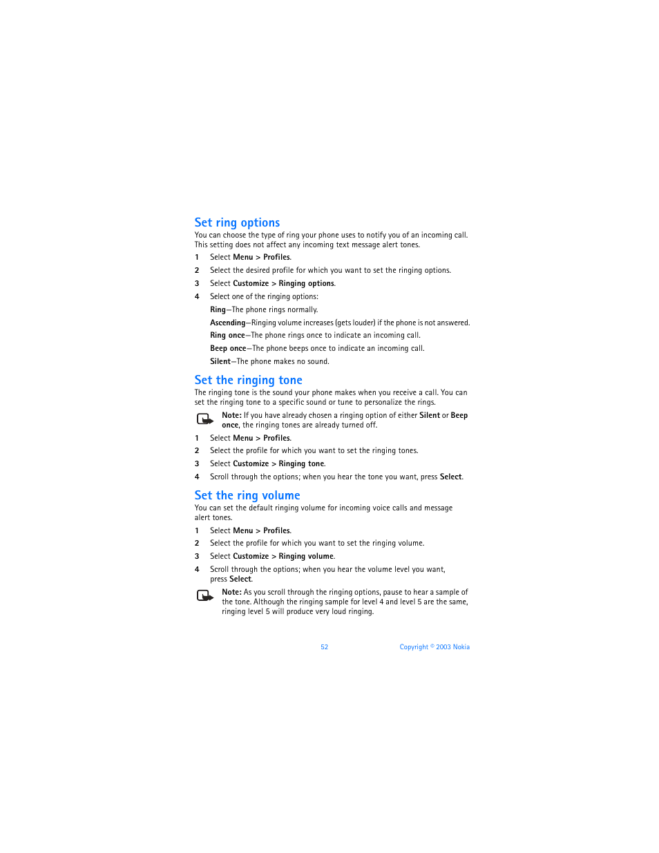 Set ring options, Set the ringing tone, Set the ring volume | Nokia 6560 User Manual | Page 60 / 136