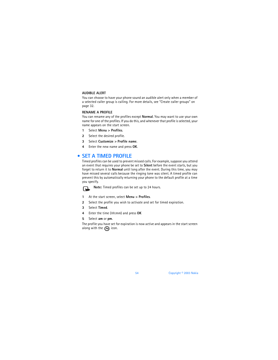Set a timed profile | Nokia 6560 User Manual | Page 62 / 136