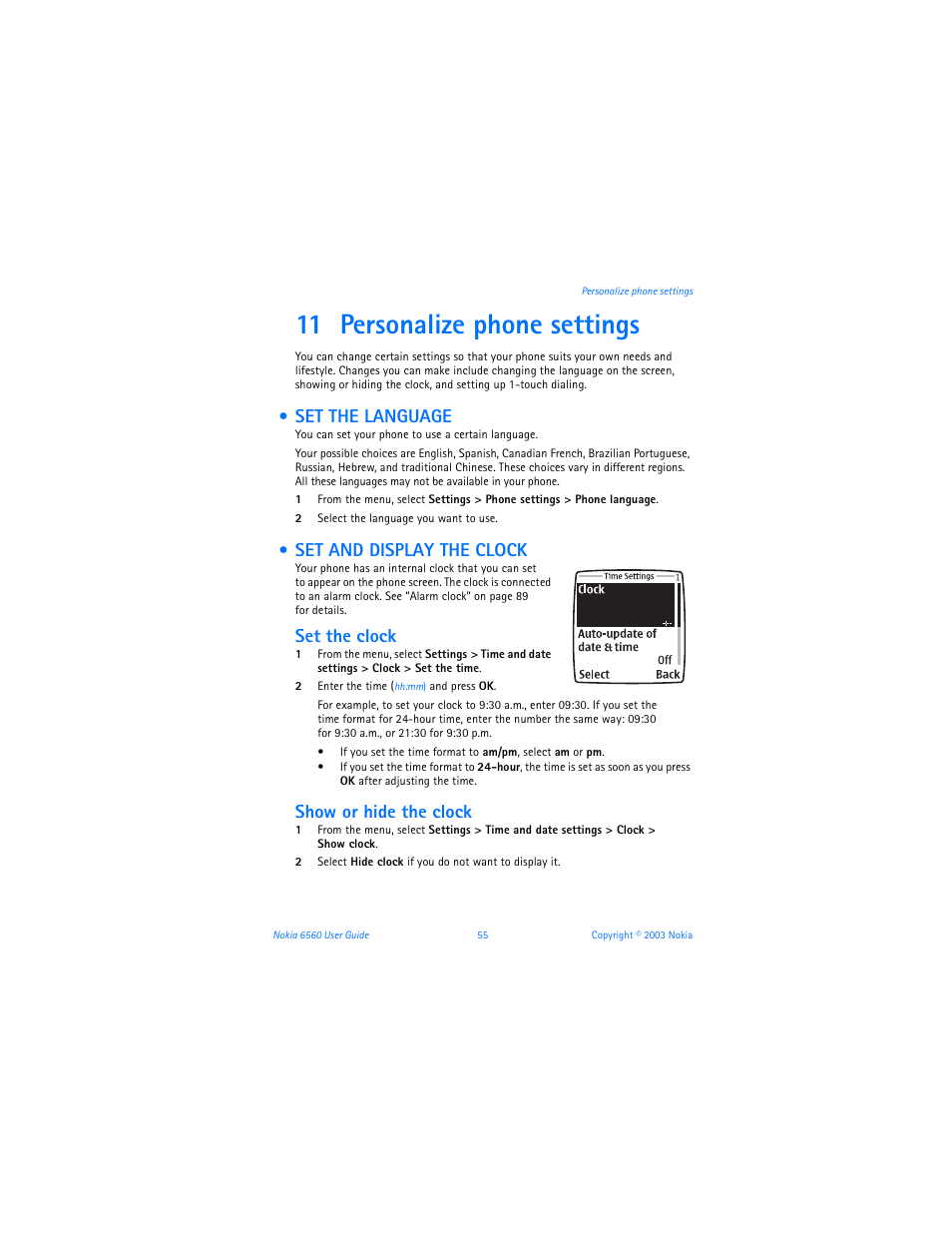 11 personalize phone settings, Set the language, Set and display the clock | Set the language set and display the clock, Set the clock, Show or hide the clock | Nokia 6560 User Manual | Page 63 / 136