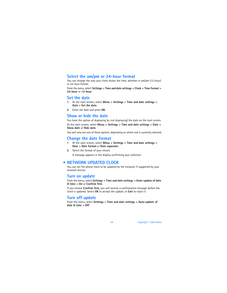 Network updated clock, Select the am/pm or 24-hour format, Set the date | Show or hide the date, Change the date format, Turn on update, Turn off update | Nokia 6560 User Manual | Page 64 / 136