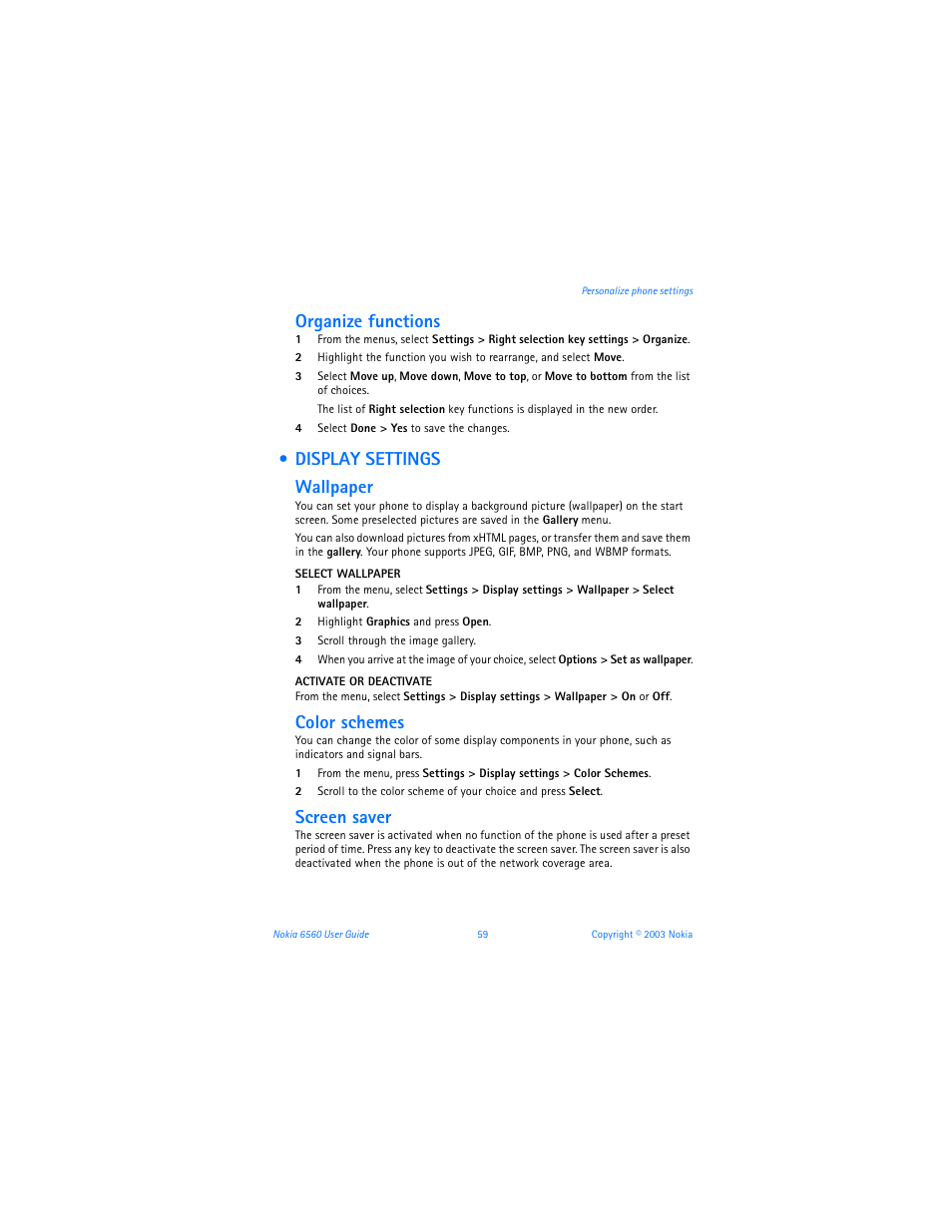 Display settings, Organize functions, Display settings wallpaper | Color schemes, Screen saver | Nokia 6560 User Manual | Page 67 / 136