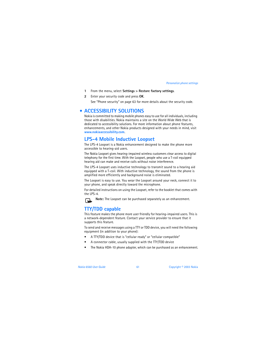 Accessibility solutions, Lps-4 mobile inductive loopset, Tty/tdd capable | Nokia 6560 User Manual | Page 69 / 136