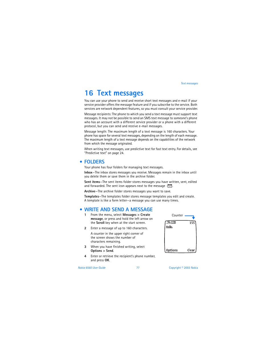 16 text messages, Folders, Write and send a message | Folders write and send a message | Nokia 6560 User Manual | Page 85 / 136