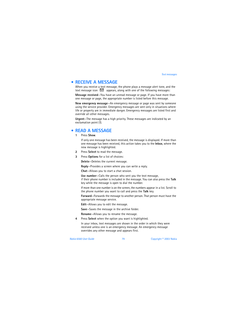 Receive a message, Read a message | Nokia 6560 User Manual | Page 87 / 136