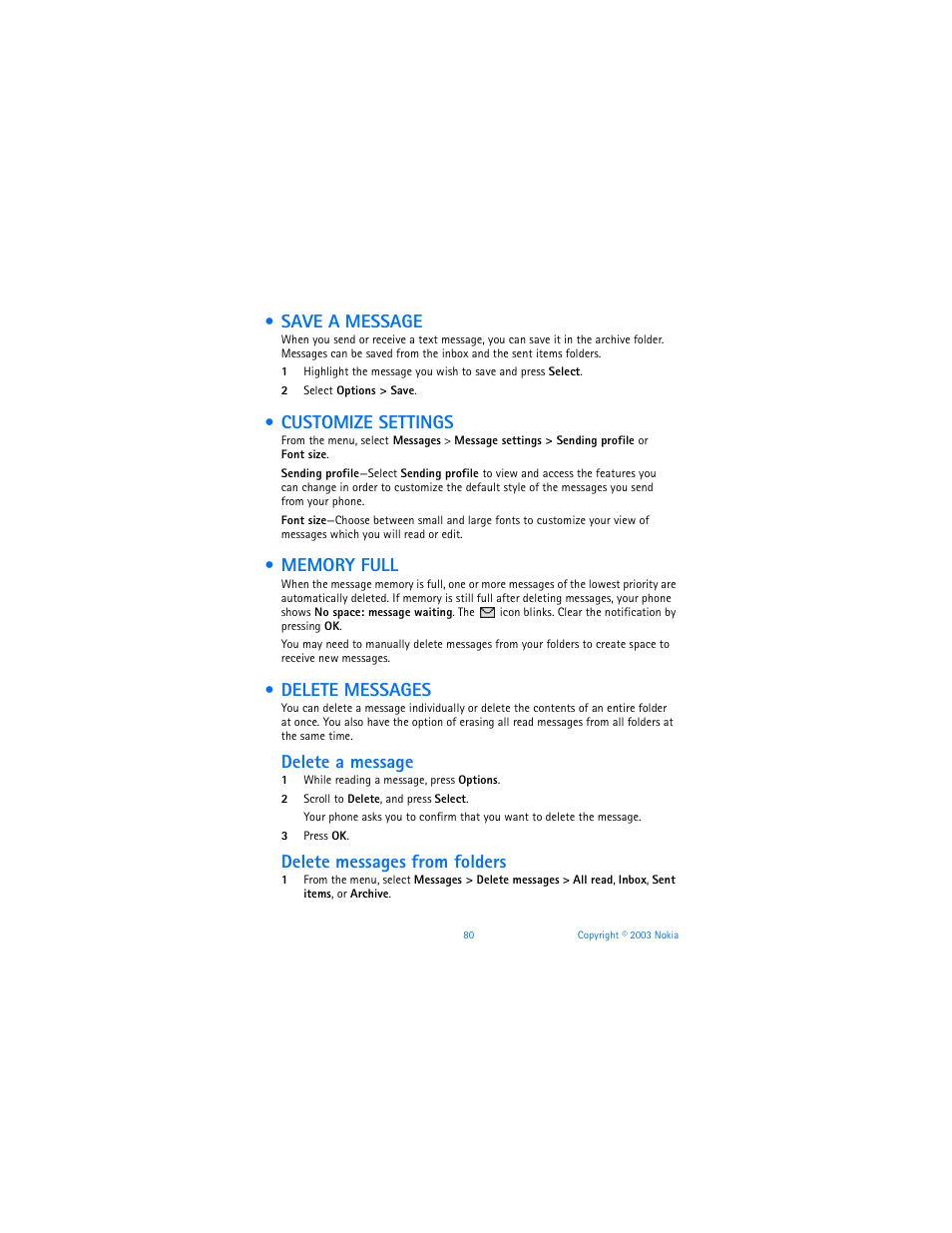 Save a message, Customize settings, Memory full | Delete messages, Delete a message, Delete messages from folders | Nokia 6560 User Manual | Page 88 / 136