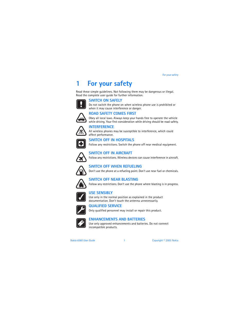 1 for your safety, For your safety, 1for your safety | Nokia 6560 User Manual | Page 9 / 136