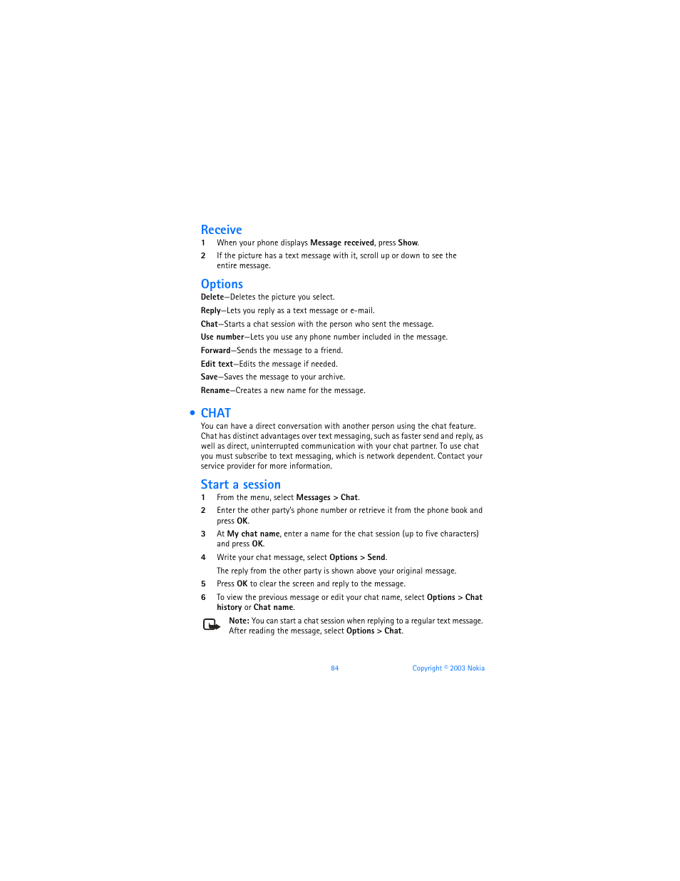 Chat, Receive, Options | Start a session | Nokia 6560 User Manual | Page 92 / 136