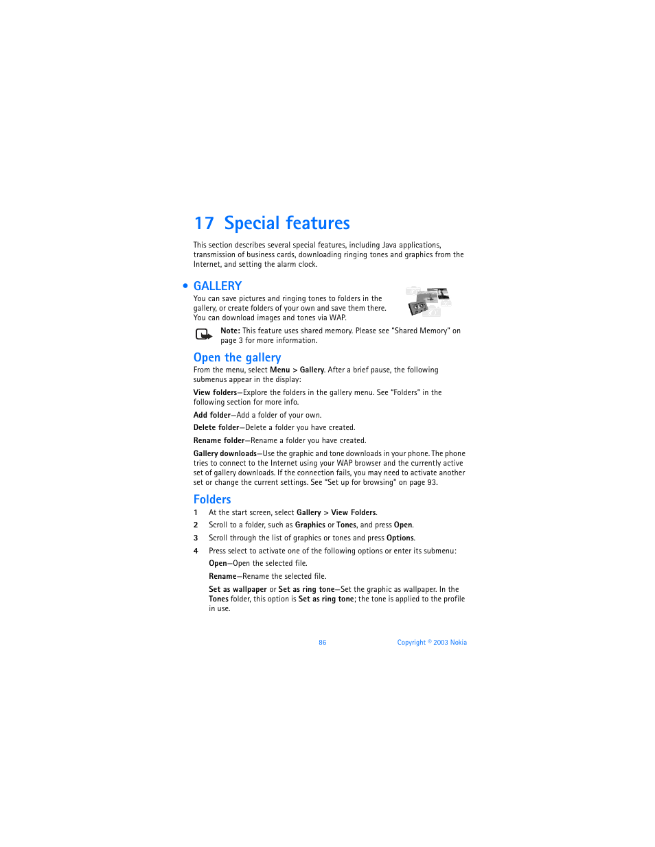 17 special features, Gallery, Open the gallery | Folders | Nokia 6560 User Manual | Page 94 / 136