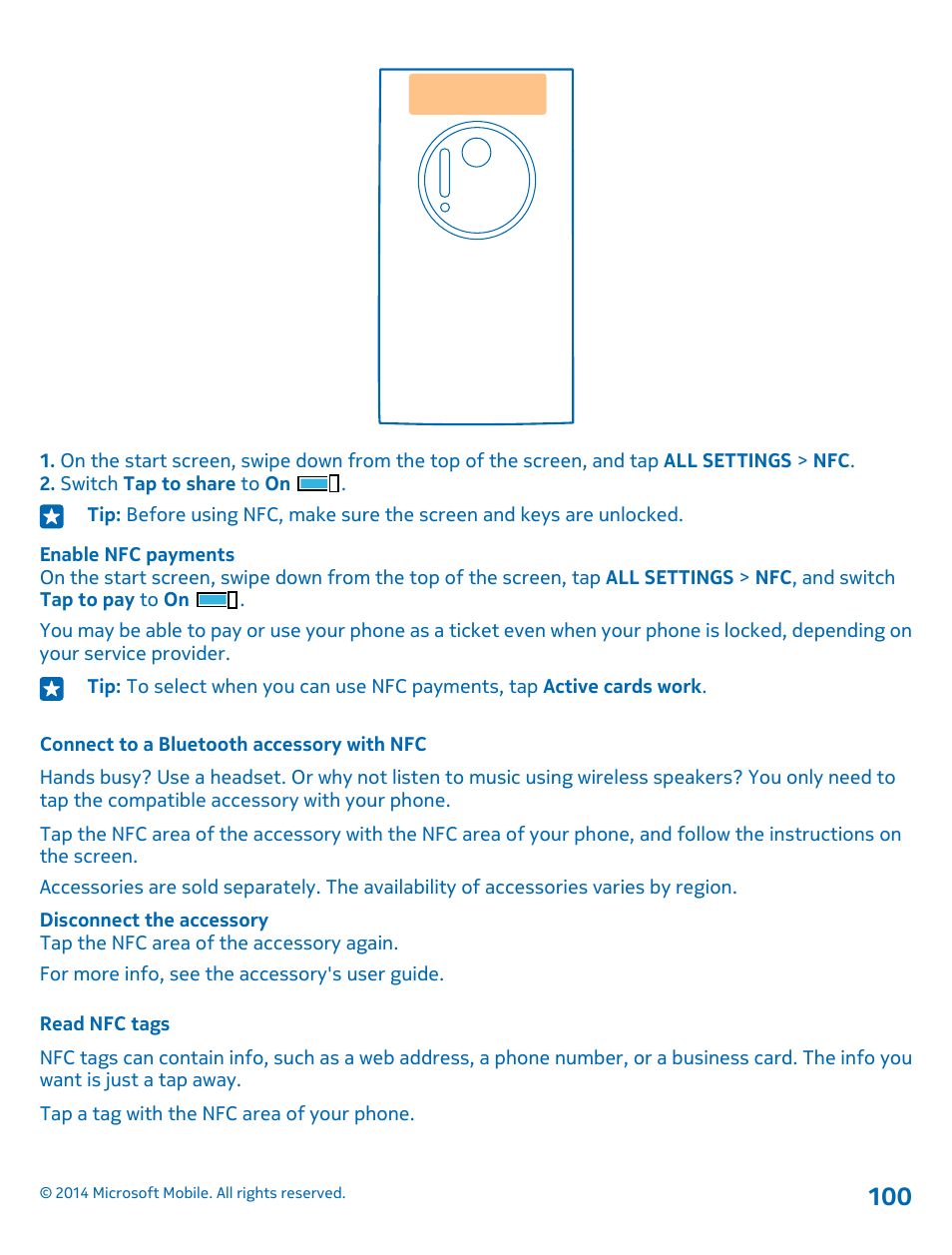 Connect to a bluetooth accessory with nfc, Read nfc tags | Nokia Lumia 1020 User Manual | Page 100 / 116