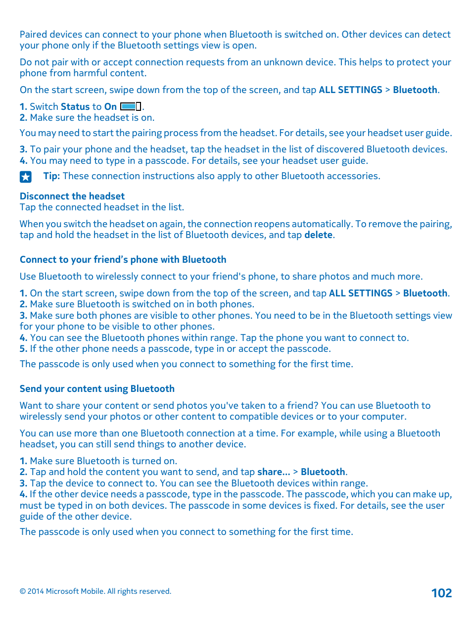 Connect to your friend’s phone with bluetooth, Send your content using bluetooth | Nokia Lumia 1020 User Manual | Page 102 / 116