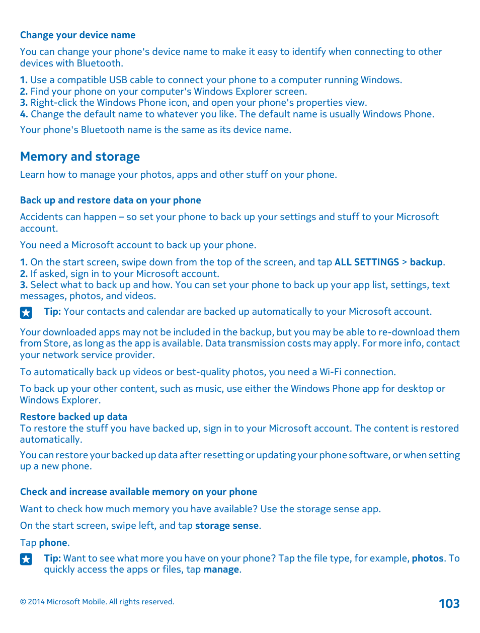 Change your device name, Memory and storage, Back up and restore data on your phone | Check and increase available memory on your phone | Nokia Lumia 1020 User Manual | Page 103 / 116