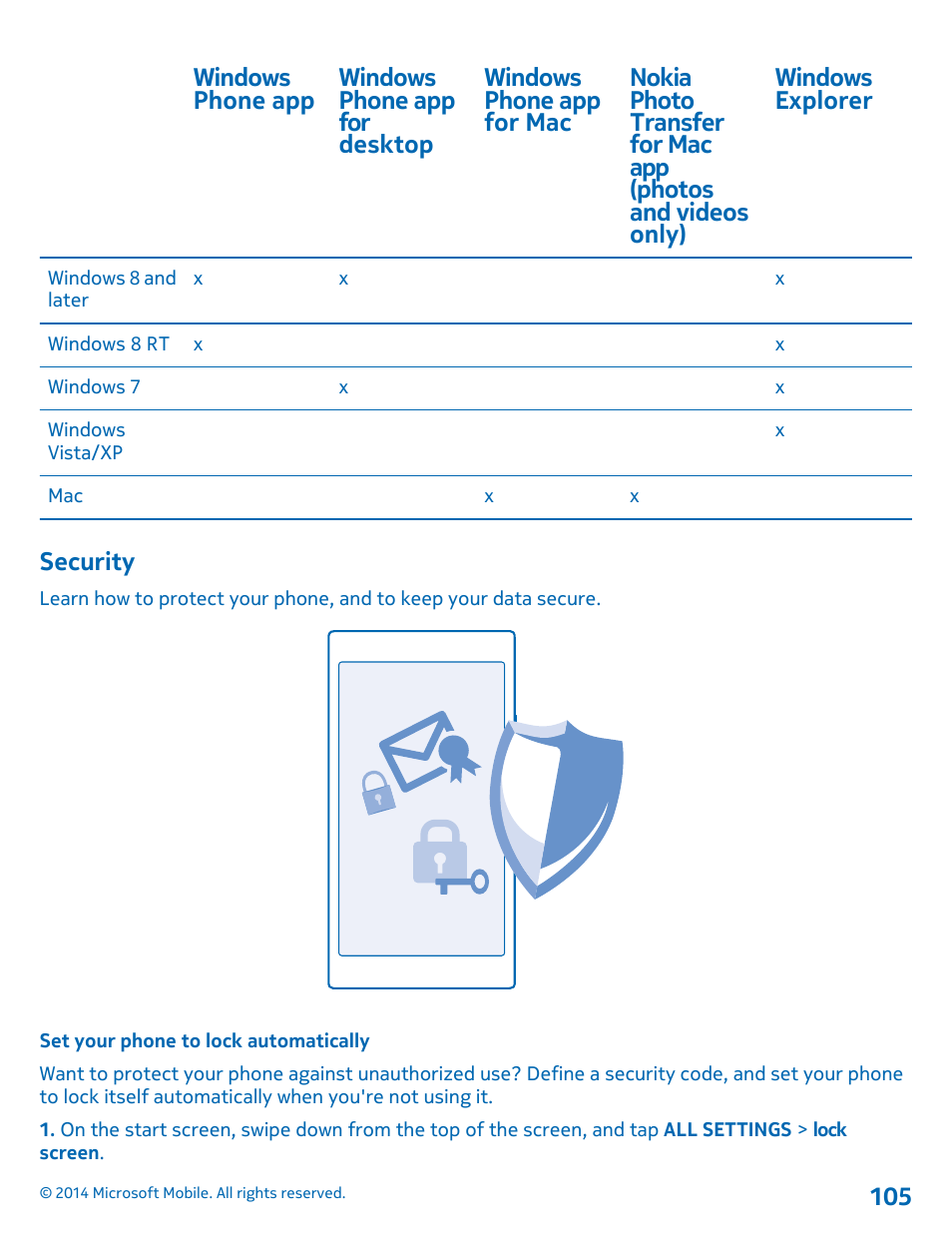 Security, Set your phone to lock automatically | Nokia Lumia 1020 User Manual | Page 105 / 116