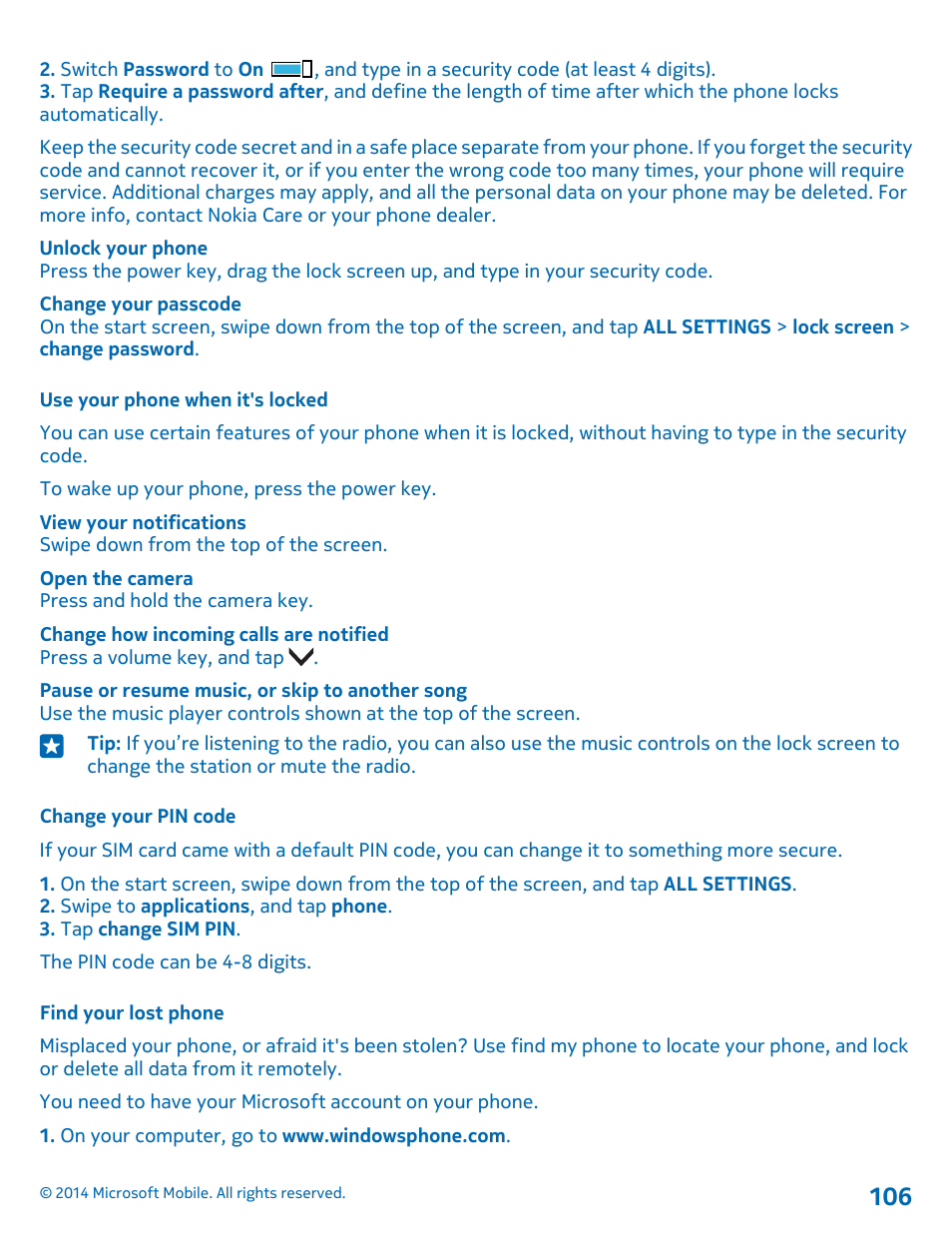 Use your phone when it's locked, Change your pin code, Find your lost phone | Nokia Lumia 1020 User Manual | Page 106 / 116