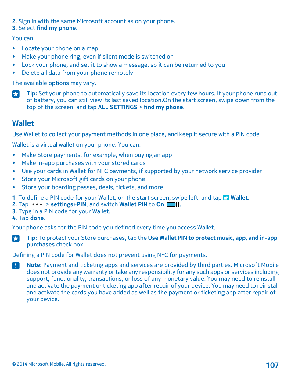 Wallet | Nokia Lumia 1020 User Manual | Page 107 / 116