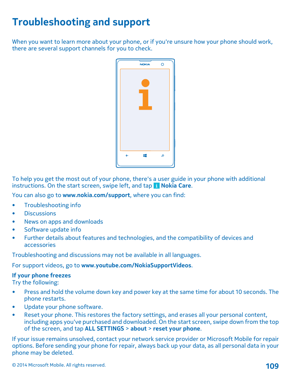 Troubleshooting and support | Nokia Lumia 1020 User Manual | Page 109 / 116