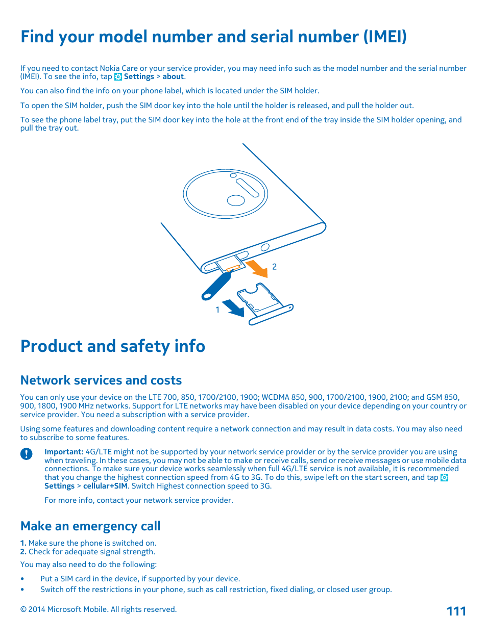 Find your model number and serial number (imei), Product and safety info, Network services and costs | Make an emergency call, Find your model number and serial, Number (imei) | Nokia Lumia 1020 User Manual | Page 111 / 116
