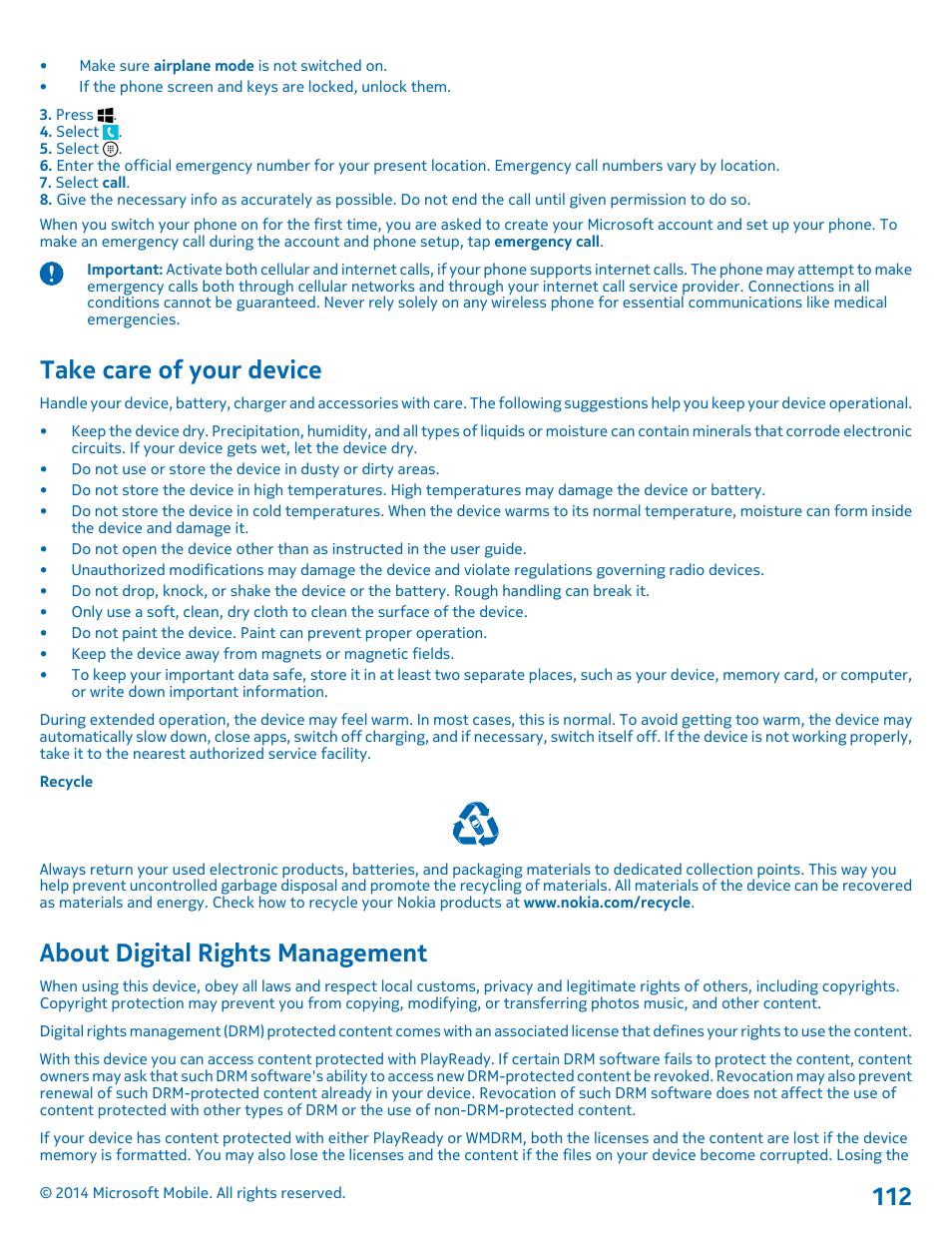 Take care of your device, About digital rights management | Nokia Lumia 1020 User Manual | Page 112 / 116