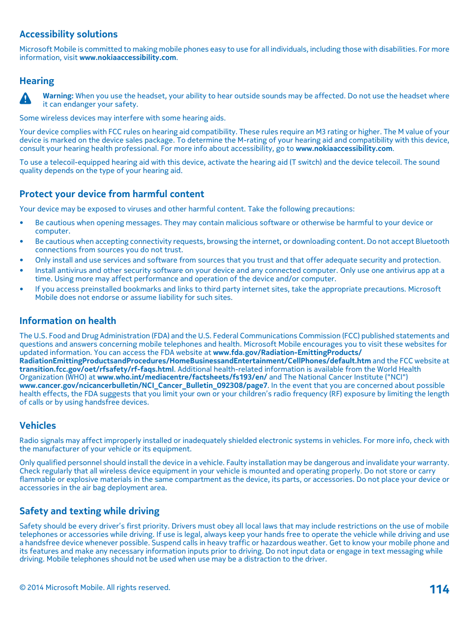 Accessibility solutions, Hearing, Protect your device from harmful content | Information on health, Vehicles, Safety and texting while driving | Nokia Lumia 1020 User Manual | Page 114 / 116