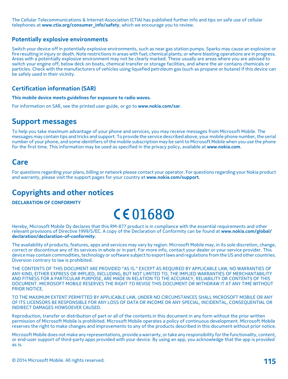 Potentially explosive environments, Certification information (sar), Support messages | Care, Copyrights and other notices | Nokia Lumia 1020 User Manual | Page 115 / 116